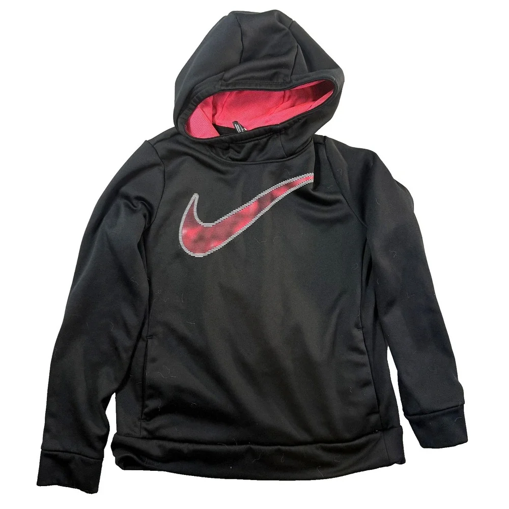 Nike Hoodie Girls L Black Dri-FIT Pullover Neon Pink Mesh Swoosh Sportswear